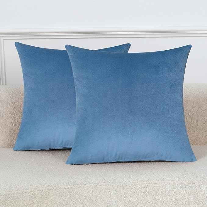 mixeoo Comfy Sky Blue Couch Throw Pillow Covers Decorative Square Velvet Super Soft Cushion Cases for Home Livingroom Sofa Decor, Set of 2, 18 x 18 Inch