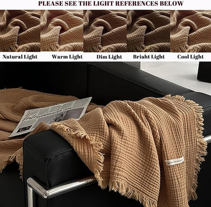 MorroMorn 100% Cotton Muslin Throw Blanket with Fringes 50"x60", 4-Layer Cotton Gauze Blankets for Adults, Boho Bedding Breathable Lightweight Ultra-Soft for Couch Bed Sofa All Seasons, Brown