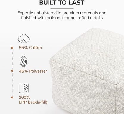 Anji Mountain 100% Handmade & Handcrafted Comfortable Home Décor Pouf Ottoman Footrest for Living Room, Bedroom, Nursery, Kidsroom, Patio Furniture - (22" x 22" x 16" - Ivory)