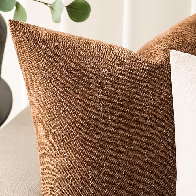 Foindtower Pack of 2 Soft Textured Chenille Throw Decorative Pillow Covers Square Accent Solid Cushion Cover Cozy Farmhouse Pillow Case with Zippe for Couch Sofa Bed Living Room 16x16 Inch, Bronze