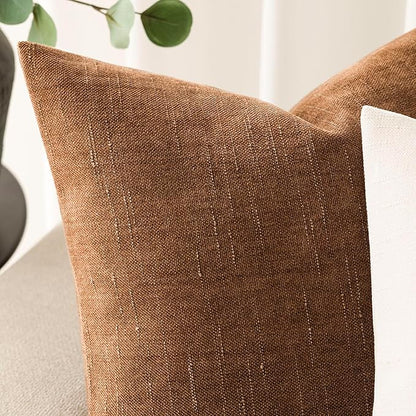 Foindtower Pack of 2 Soft Textured Chenille Throw Decorative Pillow Covers Square Accent Solid Cushion Cover Cozy Farmhouse Pillow Case with Zippe for Couch Sofa Bed Living Room 22x22 Inch, Bronze