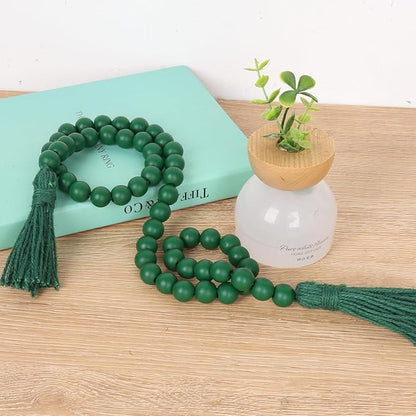 St Patrick's Day Wood Beads Garland with Tassels Farmhouse Beads Rustic Prayer Beads Boho Beads for Boho Home Decor,Wall Hanging Decoration (Deep Green)