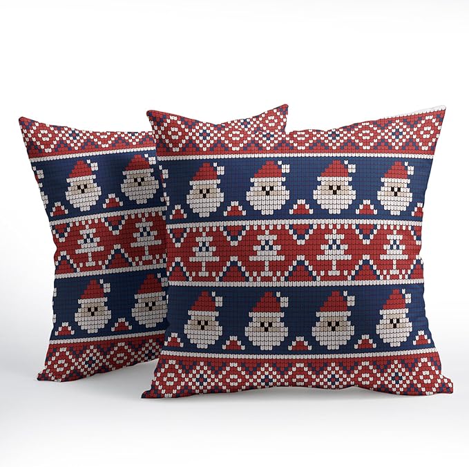 Dark Blue Red Christmas Pillow Covers 22x22 Set of 2 Xmas Santa Tree Pattern Rustic Decorative Outdoor Farmhouse Pillowcases Decorations Winter Holiday Throw Cushion Cover Decor for Couch Sofa Bed