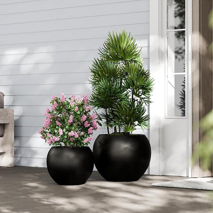 DTY Signature Mount Sherman Modern Indoor Outdoor Fiberstone Sphere Planter, Durable Round Garden Pot, Weather Resistant, Drainage Hole & Rubber Plug - Medium, Black