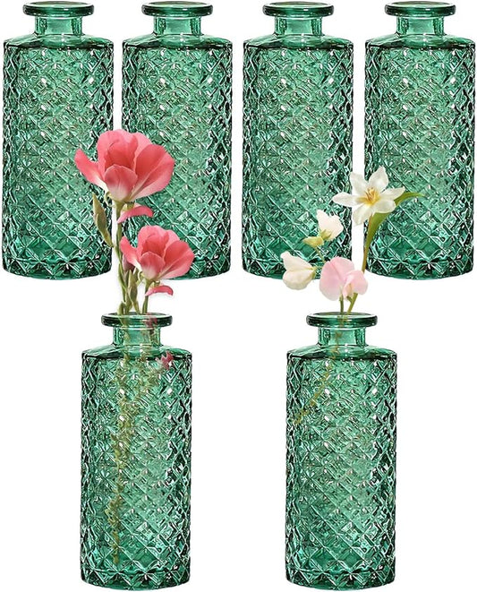 Bud Vases,6 Pcs Glass Vase Small Amber Bud Vases for Centerpieces, Vintage Vase for Centerpieces, Rustic Wedding, Home, Table Decor (Green)