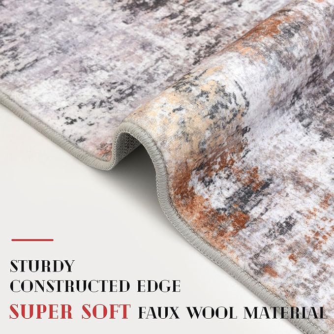Modern Abstract Runner Rug for Bedroom 2x7, Grey Orange Multi Washable Kitchen Runner, Non-Slip Soft Thin Faux Wool Mat for Entryway, Hallway, Laundry Room Indoor