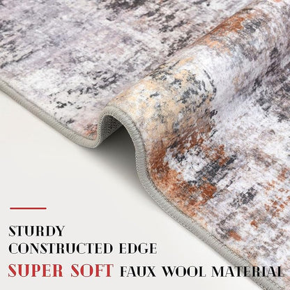 Modern Abstract Runner Rug for Bedroom 2x7, Grey Orange Multi Washable Kitchen Runner, Non-Slip Soft Thin Faux Wool Mat for Entryway, Hallway, Laundry Room Indoor