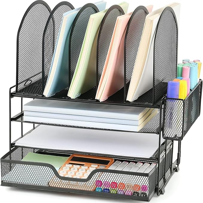 Desk Organizers and Accessories with Drawer, File Organizer with 5 Vertical File Holders and Pen Holders, Office Desk Accessories Workspace Desktop Organizers for Office Supplies (Black)