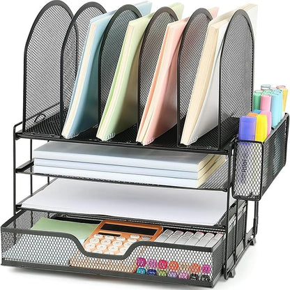 Desk Organizers and Accessories with Drawer, File Organizer with 5 Vertical File Holders and Pen Holders, Office Desk Accessories Workspace Desktop Organizers for Office Supplies (Black)
