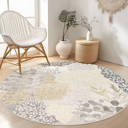 DEXDE Round Rug 4ft Washable Circle Area Rugs, Non Slip Low Pile Boho Floral Small Circular Carpet for Bedroom Bathroom Entryway Kids Room Office Dining Room, Gray