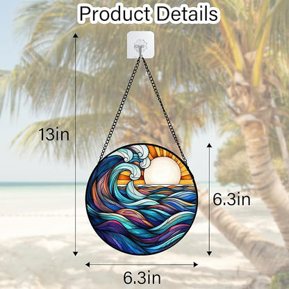 DASTOLL Stained Glass Window Hanging, Big Wave Sun Suncatcher Diamond Glass Panel Hangings Abstract Sun Catchers Decor for Birthday for Women, Men, Wife, Aunt,and Mom 6.3X6.3IN