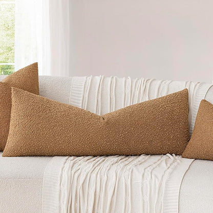 Foindtower Decorative Textured Boucle Throw Pillow Covers Accent Solid Pillow Cases Neutral Long Body Lumbar Couch Cushion Case for Chair Sofa Bedroom Living Room Home Decor 14x36 Inch,1PC,Tobacco
