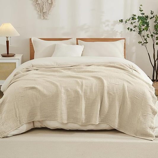 EMME Cotton Blanket King Size for Bed Soft Muslin Blankets 108"x90" Light Tan Lightweight Breathable Layering Bedspread Coverlet All Season Gauze