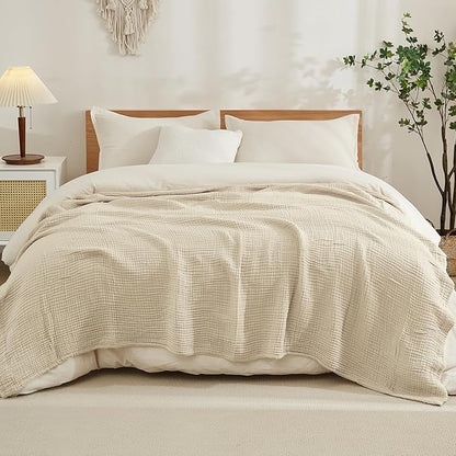 EMME Cotton Blanket Queen Size for Bed Soft Muslin Bed Blankets 90"x90" Light Tan Lightweight Breathable Bedspread Coverlet All Season Gauze