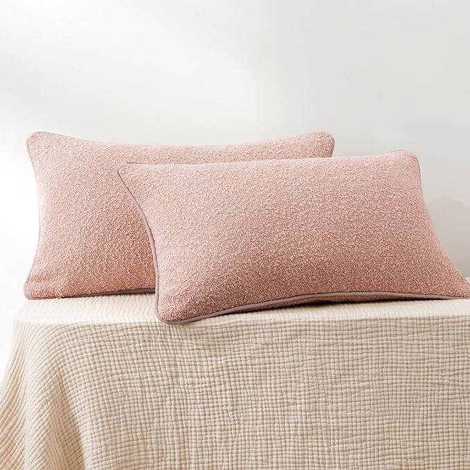 Amazon Basics Boucle Lumbar Throw Pillow Covers for Couch, Living Room, Home Decor with Hidden Zipper, Pink, 12×20in, Pack of 2