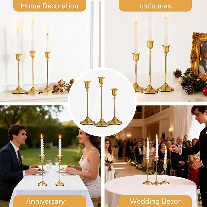 Taper Candle Holders, Tall Vintage Metal Candlestick Holders, 3 PCS Gold Candle Sticks Holders for Home Decor Table Centerpiece Wedding Housewarming Festival, Gold, 1 Set (3 pcs)