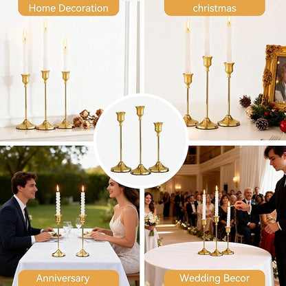 Taper Candle Holders, Tall Vintage Metal Candlestick Holders, 12 PCS Gold Candle Sticks Holders for Home Decor Table Centerpiece Wedding Housewarming Festival, Gold, 4 Sets (12 pcs)