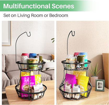 2-Tier Fruit Basket Bowl Stackable Vegetable Storage with Banana Tree Hanger Stand for Kitchen Countertop, Metal Wire Basket for Bread Onions Potatoes Black