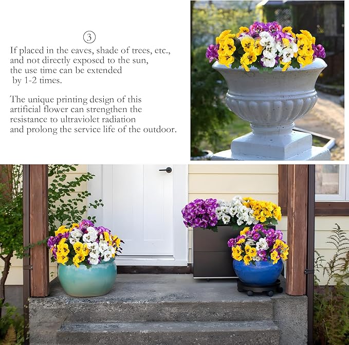Hananona 24 Pcs Artificial Outdoor Flowers, Faux Silk Pansy Plants for Outside UV Resistant Spring Pansies Flower for Home Planter Porch Patio Yard Decor (24, Yellow, White, Purple)