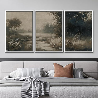 MUDECOR Framed Wall Art Print Set Vintage Landscape Subtle Forest and River in Earthy Tones Illustrations Modern Art Boho Decorative Colorful Chic for Living Room, Bedroom, Office - 16"x24"x3 White
