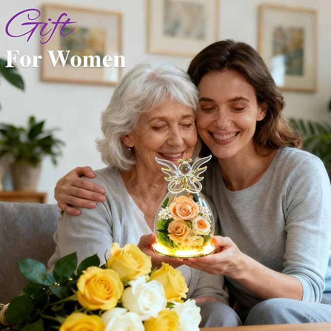 MOKOQI Valentines Day Gift for Her Birthday Gifts for Women | Forever Rose Preserved Flower in Glass Flowers for Delivery, Real Rose Angel Figurine for Mom Grandma Mother’s Day Christmas Gifts