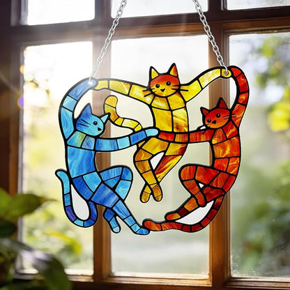 Cat Stained Glass Suncatcher Window, Hanging Sun Catchers Indoor Window, Suncatcher for Mom/Women (Dancing Cat)