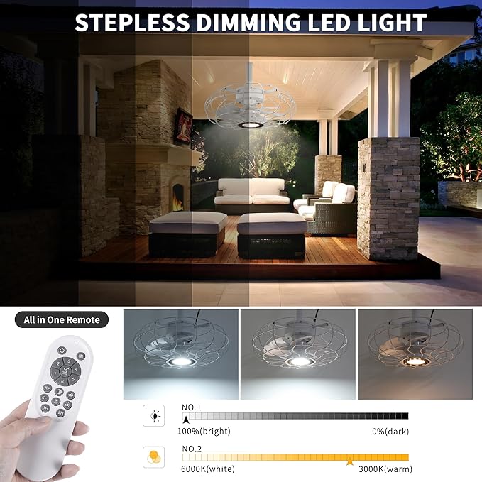 15" Outdoor Ceiling Fan with Light, with Remote and App Remote, IP65 Waterproof Gazebo Hanging Fan, 3CCT Dimmable, Portable Plug in Ceiling Fan with Cord Hook for Patio Porch Pergola Indoor(White)
