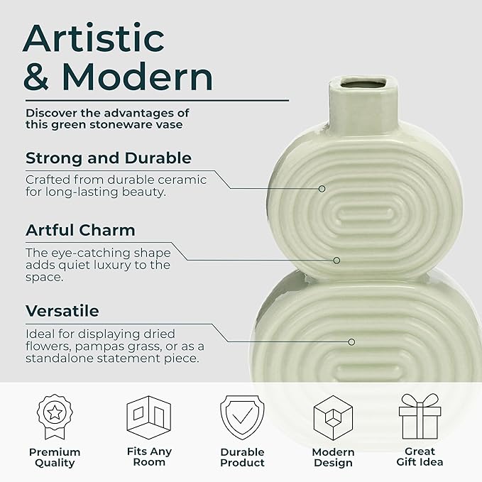 Sagebrook Home Boho Ceramic Vase - Textured Stoneware Decorative Accent for Home, Office, Bedroom & Living Room - Modern Minimalist Flower Holder - 10" Green