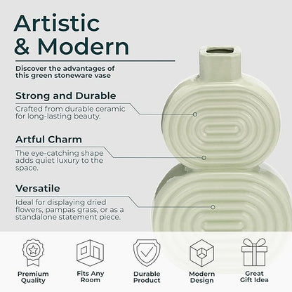 Sagebrook Home Boho Ceramic Vase - Textured Stoneware Decorative Accent for Home, Office, Bedroom & Living Room - Modern Minimalist Flower Holder - 10" Green