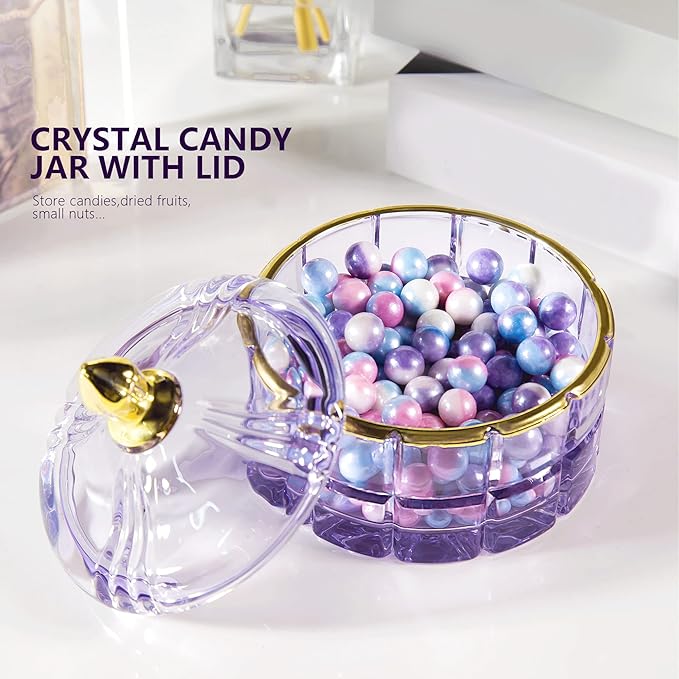 Crystal Candy Jar Apothecary Decorative Jars with Lids Purple Storage Jewelry Glass Trinket Box Cute Candy Dish with Lid for Candy Buffet Gift Ideas, for Women