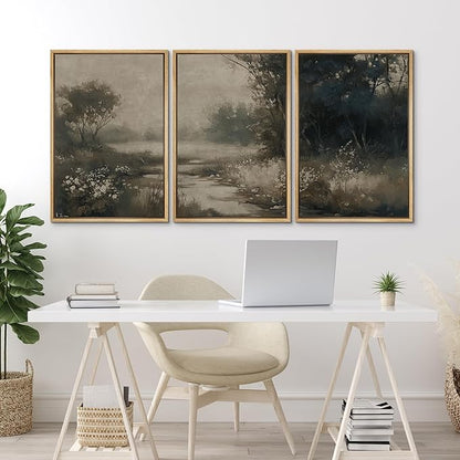 MUDECOR Framed Wall Art Print Set Vintage Landscape Subtle Forest and River in Earthy Tones Illustrations Modern Art Boho Decorative Colorful Chic for Living Room, Bedroom, Office - 24"x36"x3 Natural
