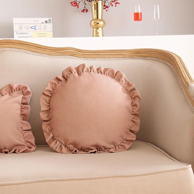 ISAENNE 2 Pcs Classic Pink Round Throw Pillow Cover Diameter 16", Solid Color Cottage Linen Cotton Decor Pillow Cover with Ruffles, Sturdy Throw Pillow Case for Couch Sofa Bed Living Room