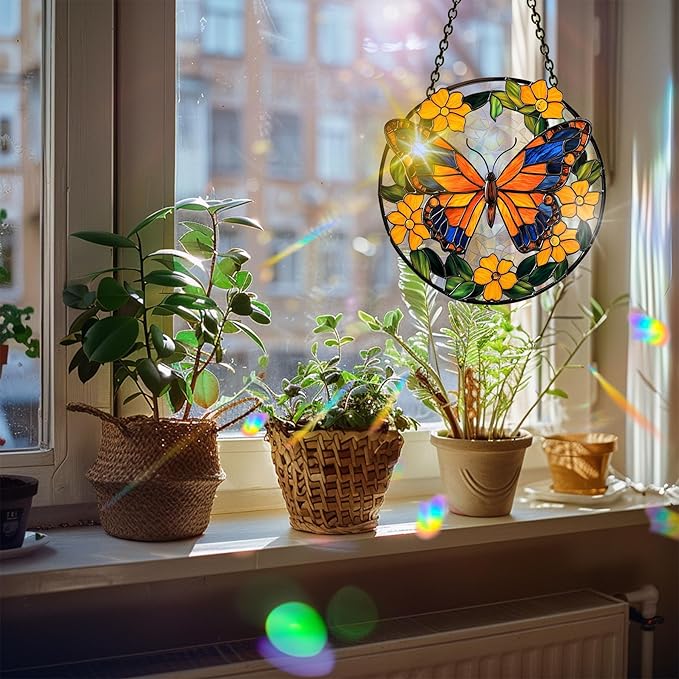 Bimkole Butterfly Sun Catchers Indoor Window - Flowers Acrylic Suncatcher Hanging Decoration for Living Room Bedroom Summer Home Balcony Outdoor Garden Ornaments Decoration 7.8x7.8 Inch