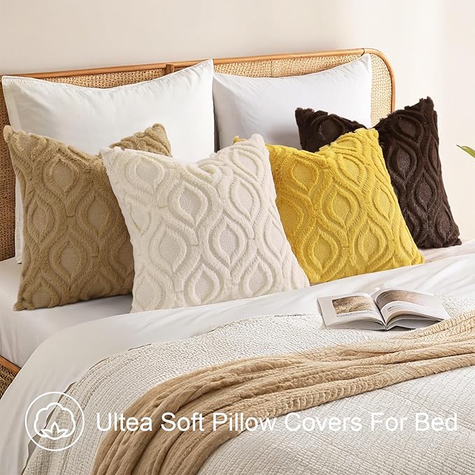 decorUhome Spring Throw Pillow Covers 18x18 Inch Set of 2, Soft Plush Faux Wool Mustard Yellow Solid Couch Pillow Covers, Accent Farmhouse Neutral Square Pillow Cases for Sofa Bed Living Room