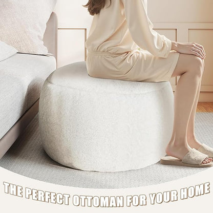 Round Pouf Ottoman Foot Rest, 29 X 18Inch Floor Poufs Footstool, A Round Modern Foam Filled Foot Stool for Living Room, Home, Nursery, Dorm, Outdoor (White, 29Inch)