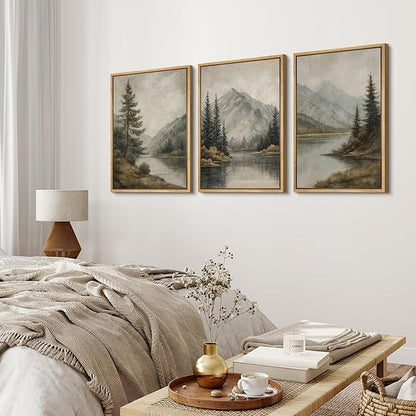 MUDECOR Framed Wall Art Print Set Mountain Landscape Nature with Trees, Lake, and Mountains, Rustic Illustrations Modern Art Decorative Colorful for Living Room, Bedroom, Office - 16"x24"x3 Natural