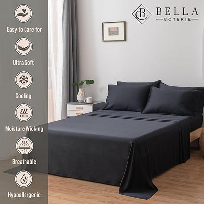 Bella Coterie 6 Piece Luxury Bamboo Viscose Split Top King Size Sheet Set | 34" Split for Adjustable Beds | 100% Organically Grown| Cooling | 18” Deep Pocket | 4 Pillowcases [Black]