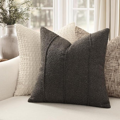 YCOLL Textured Boucle Throw Pillow Covers 24x24 Pack of 2 - Soft Neutral Striped Cushion Covers, Cozy Accent Decorative Pillow Covers for Couch, Sofa, Bed, Living Room (Dark Gray)