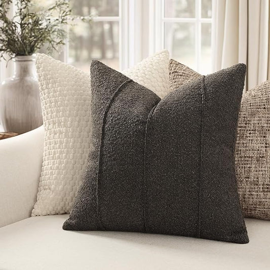 YCOLL Textured Boucle Throw Pillow Covers 24x24 Pack of 2 - Soft Neutral Striped Cushion Covers, Cozy Accent Decorative Pillow Covers for Couch, Sofa, Bed, Living Room (Dark Gray)
