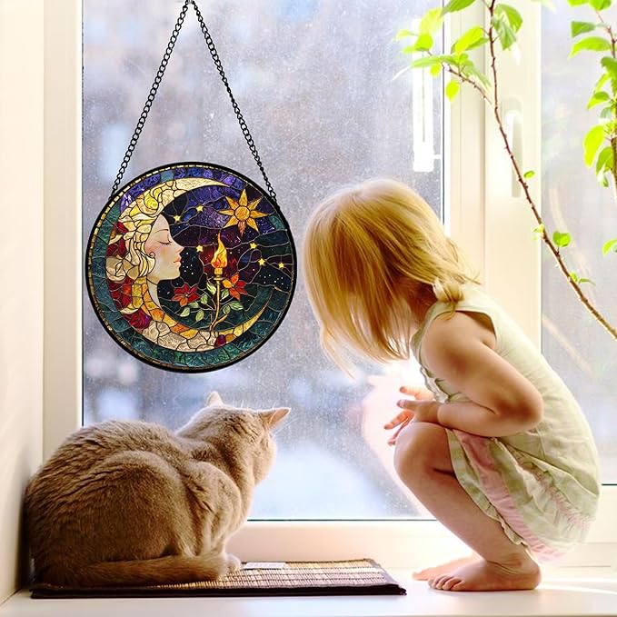 DASTOLL Stained Glass Window Hanging, Moon Goddess Torch Suncatcher Diamond Glass Panel Hangings Dream Sun Catchers Decor for Birthday for Women, Men, Wife, Aunt, and Mom 9.8 in