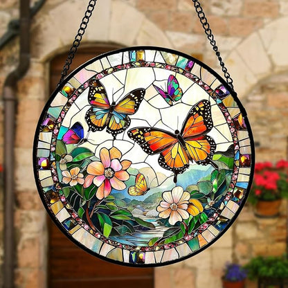 DASTOLL Stained Glass Window Hanging, Butterflies Flying in The Sky Suncatcher for Doors Home Sun Catchers Decoration and Christmas, Mother's Day Birthday Gifts for Women, Men, and Mom 14.9x14.9 in