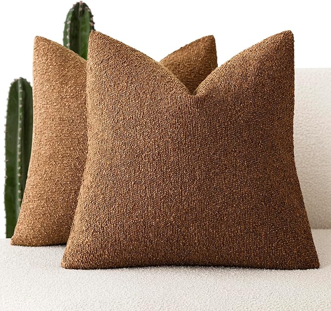 Foindtower Set of 2, Decorative Textured Boucle Throw Pillow Covers Accent Solid Pillow Cases Neutral Soft Cozy Couch Cushion Case for Chair Sofa Bedroom Living Room Home Decor 24x24 Inch Hazel Brown