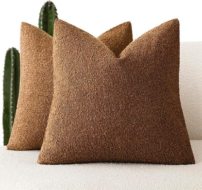 Foindtower Pack of 2 Modern Textured Boucle Throw Pillow Covers Accent Solid Decorative Pillow Cases Cozy Woven Couch Cushion Case for Chair Sofa Bedroom Living Room Home Decor 20x20 Inch Hazel Brown