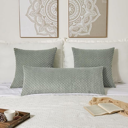 Kevin Textile 14x36 Inch Long Lumbar 1 Pack Boho Decorative Throw Pillow Cover Soft Striped Corduroy Rectangle Cushion Case Farmhouse Solid Color Accent for Living Room Couch Sofa Bed, Greyish Green