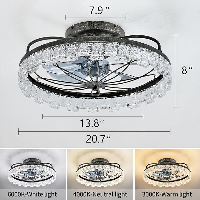 Rustic Black Ceiling Fan with Light, Farmhouse Flower Caged Ceiling Fan with Remote, LED Low Profile Ceiling Light for Bedroom Kitchen Living Room