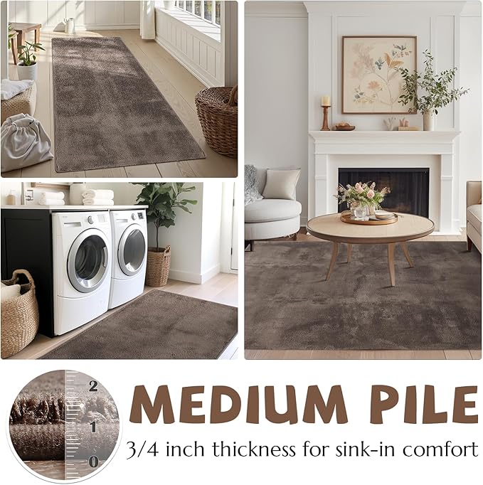 jinchan Solid Plush Area Rug 5x7 Performance Shaggy Washable Rug Indoor Soft Modern Faux Wool Cozy Non Slip Carpet for Living Room Kids Room Bedroom Dining Room Nursery Brown