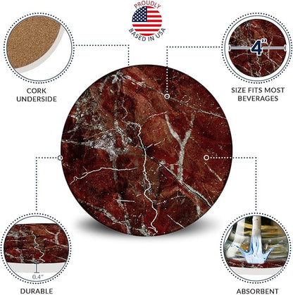 Emerson Coasters for Drinks Absorbent – Natural Stone Drink Coasters Set with Holder, Coasters for Coffee Table, Wooden Tabletop Protection Marble Style – 100% Heavy Duty Set of 6 (Ruby)