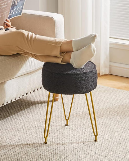 IBUYKE Teddy Velvet Round Footrest Ottoman, Makeup Vanity Side Table, Velvet Dressing Table Seat, Pouf Couch Stool for Living Room Bedroom, Black WBD009B