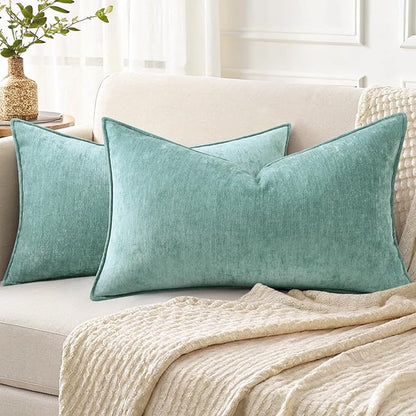 decorUhome Spring Couch Throw Pillow Covers 12x20 Set of 2, Decorative Soft Velvet Neutral Chenille Lumbar Pillow Covers with Elegant Design for Sofa Bed Living Room Home Decor, Aqua Haze