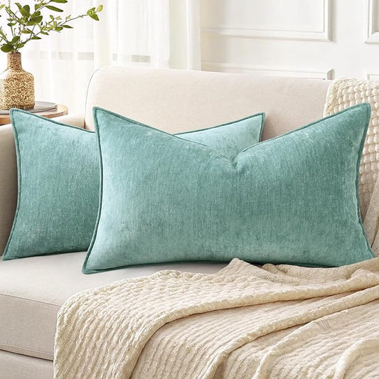 decorUhome Spring Couch Throw Pillow Covers 12x20 Set of 2, Decorative Soft Velvet Neutral Chenille Lumbar Pillow Covers with Elegant Design for Sofa Bed Living Room Home Decor, Aqua Haze
